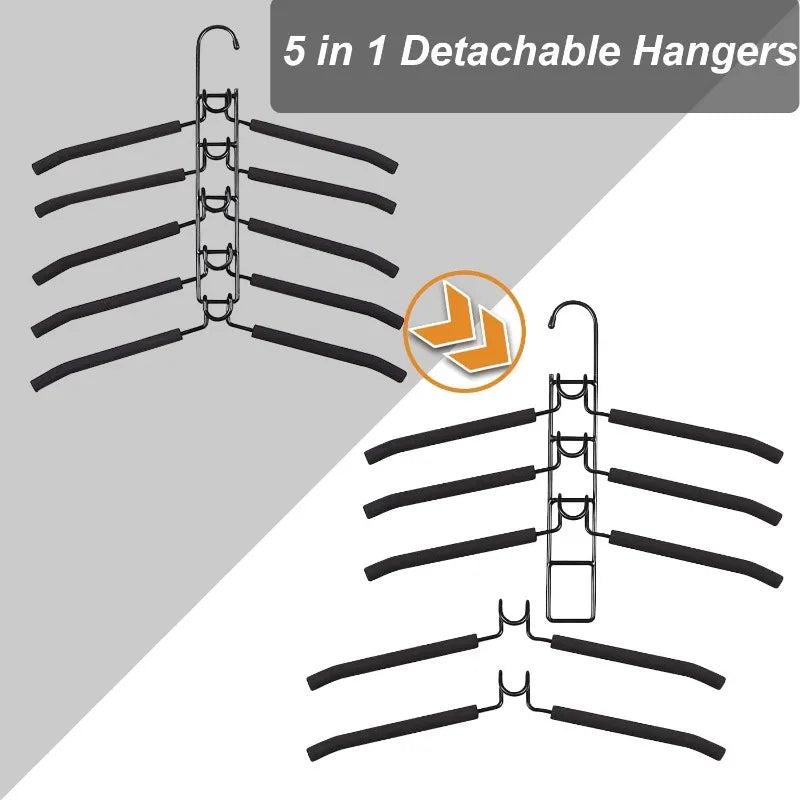 Clothes Hangers Space Saving: 4 Pack 5 in 1 Multi Layer Metal Hanger Racks Non-Slip Foam Padded Heavy Duty Thick Magic Hanger