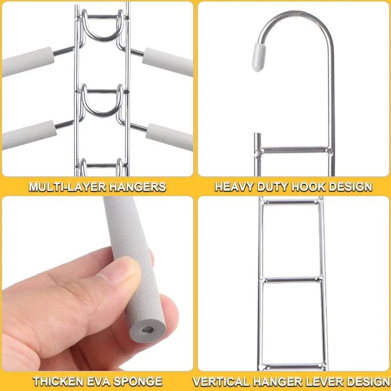 Clothes Hangers Space Saving: 4 Pack 5 in 1 Multi Layer Metal Hanger Racks Non-Slip Foam Padded Heavy Duty Thick Magic Hanger