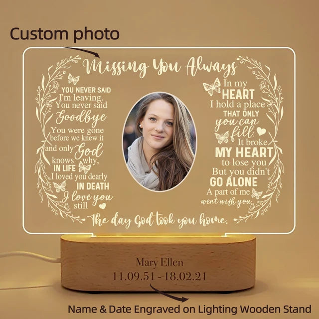 Personalized Unique Sympathy Gift For Custom In Memory of Loved Light Up Picture Frames with Photo and Text Memorial Plaque Lamp