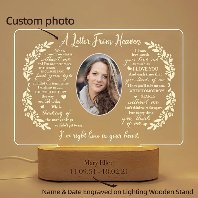 Personalized Unique Sympathy Gift For Custom In Memory of Loved Light Up Picture Frames with Photo and Text Memorial Plaque Lamp