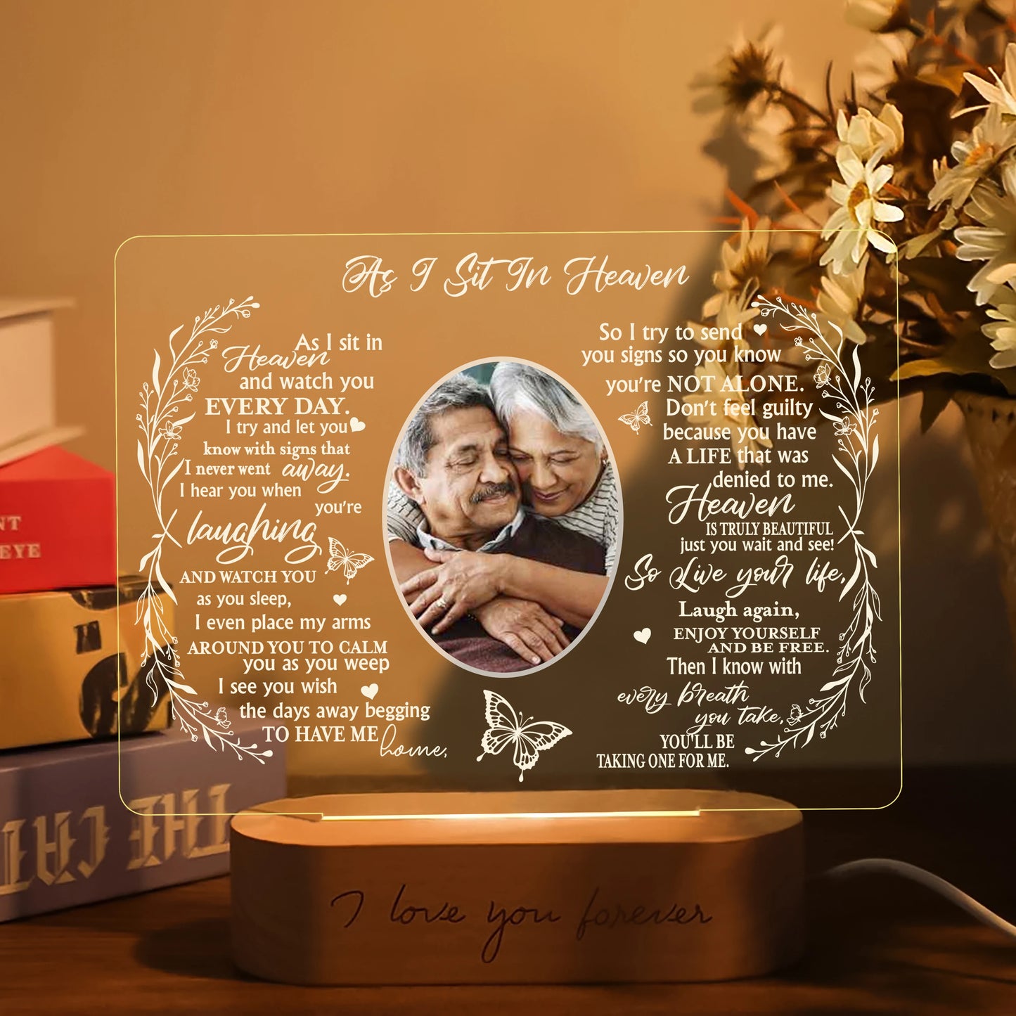 Personalized Unique Sympathy Gift For Custom In Memory of Loved Light Up Picture Frames with Photo and Text Memorial Plaque Lamp