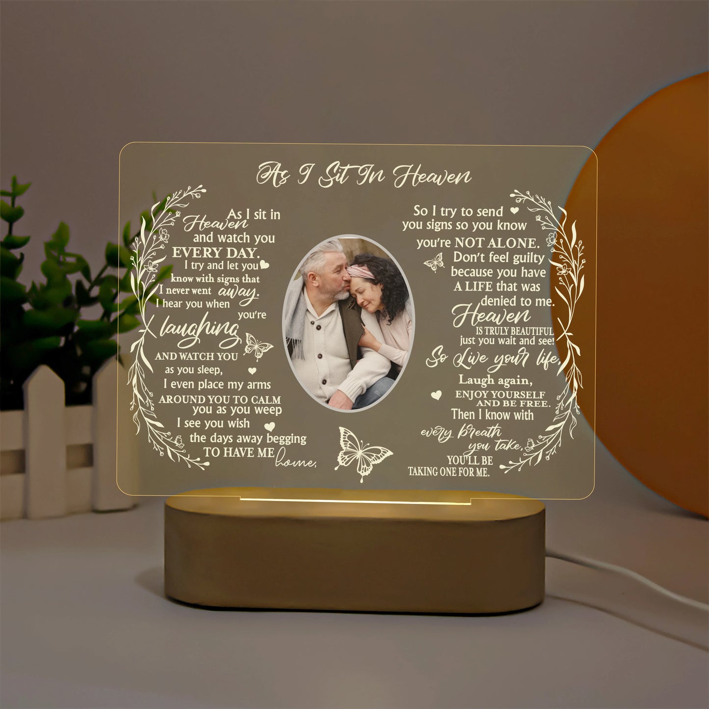 Personalized Unique Sympathy Gift For Custom In Memory of Loved Light Up Picture Frames with Photo and Text Memorial Plaque Lamp